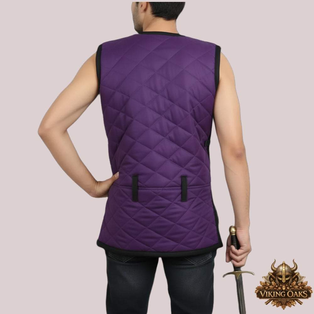 Medieval sleeveless gambeson padded armor vest with quilted polyester fabric and adjustable side lacing for historical reenactments and cosplay