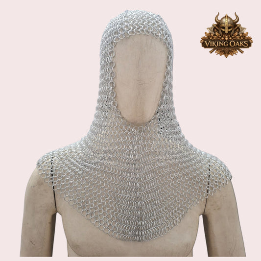Silver Crusader Helmet with Chainmail Coif & Stand Medieval Knight Armour Set