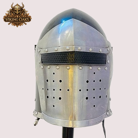 Barbuta Helmet – Functional Barbute Helmet with Wooden Display Stand