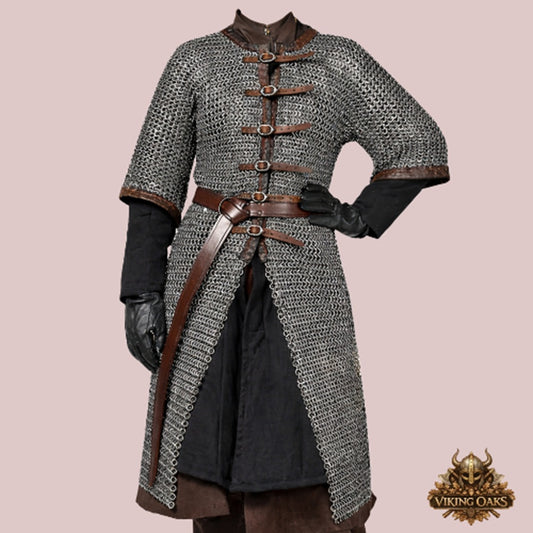 8mm Mild Steel Chainmail Hauberk – Flat Riveted Half Sleeve Front Open Armor Shirt