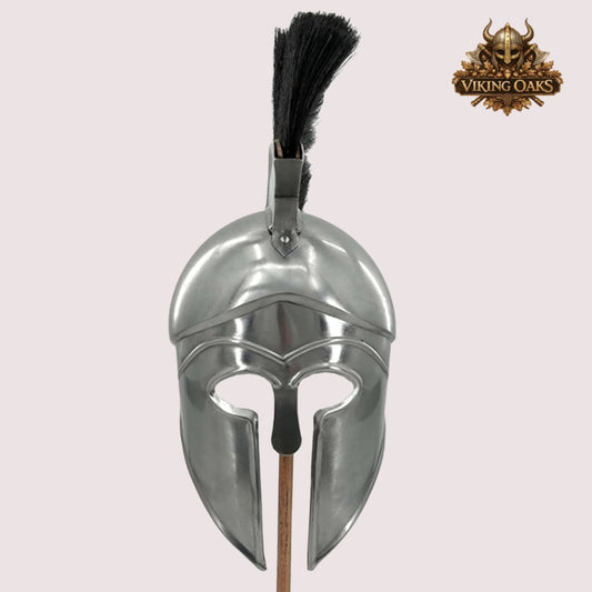 Silver Corinthian Warrior Helmet – Medieval Greek Armor with Wooden Display Stand