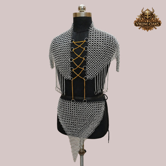 Aluminum Chainmail Halter Top with Skirt Set – 10MM Butted Ring Armor Costume for Cosplay, Renaissance Faire & Festival Wear