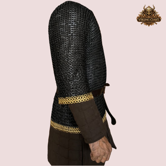 9MM Chainmail Haubergeon Riveted Viking Shirt Brass Trim Armor