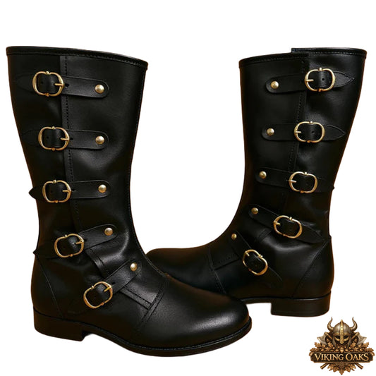 Men's Renaissance leather boots with four buckle straps, handmade for festivals and reenactments