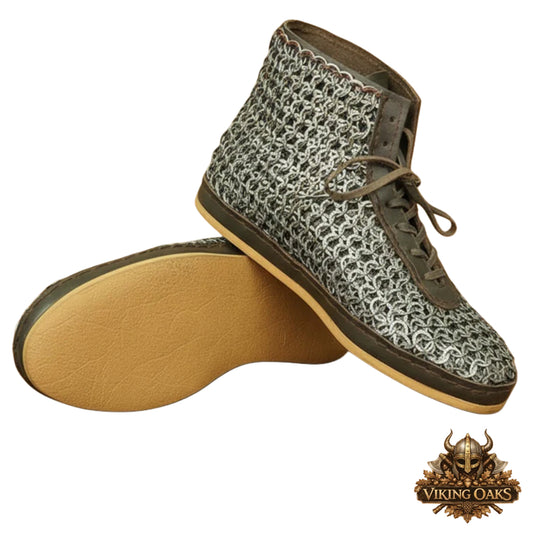 Handmade chainmail boots with 9mm flat ring riveted maille and leather base for LARP and medieval costumes
