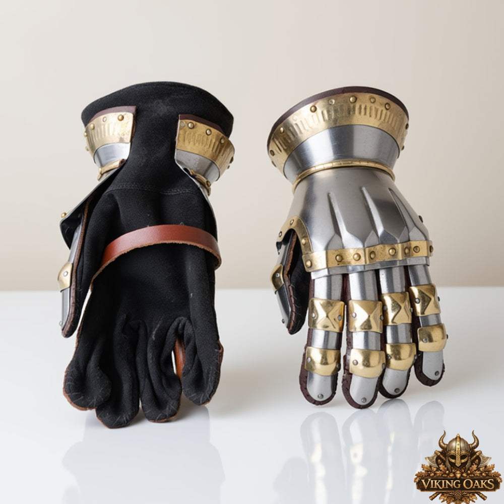 Full view of historical knight steel gauntlets armor