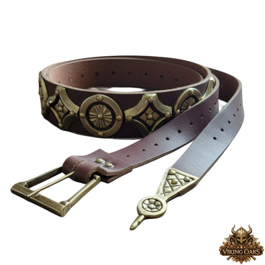 Rustic Viking style genuine leather belt with authentic brass buckle