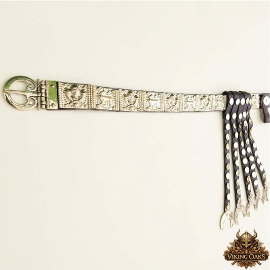 Handcrafted leather and brass details on Roman soldier belt