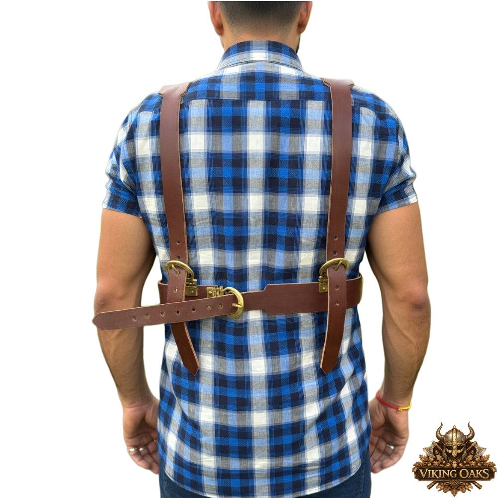 Back view of adjustable Roman leather phalera belt harness structure