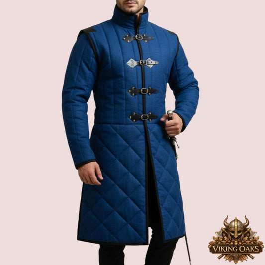 Authentic medieval gambeson padded armor costume with cotton and leather trim