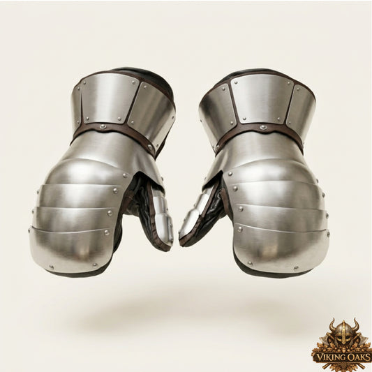 Pair of 18-gauge steel articulated gauntlets for LARP and SCA heavy combat hand protection.