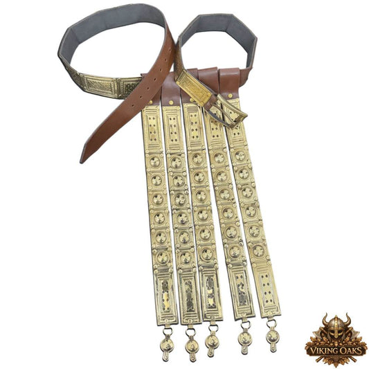 Authentic leather Roman soldier belt folded, historical reenactment gear close-up