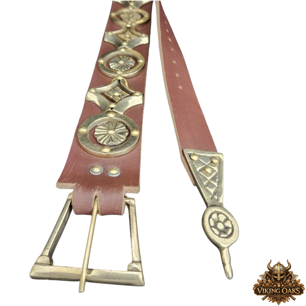 Full length medieval costume leather ring belt with metal fittings
