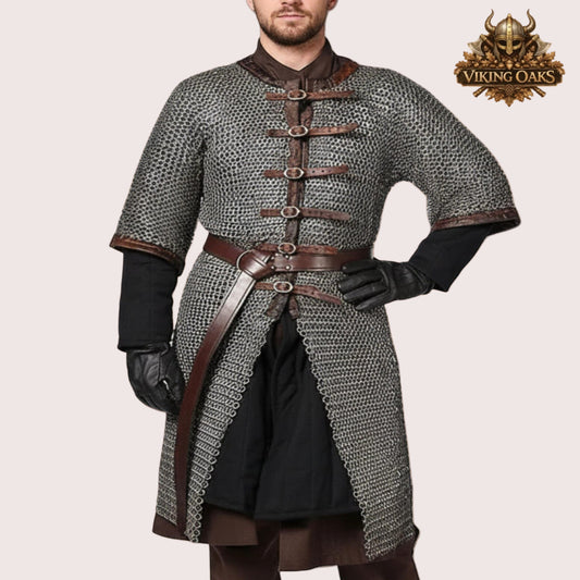 8MM Mild Steel Chainmail Hauberk Half Sleeve Flat Riveted Front Open Shirt Halloween Costume