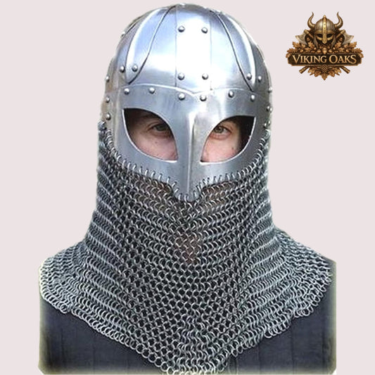 Handmade Viking Chainmail Helmet – Norse Medieval Armor for LARP with Wooden Display Stand
