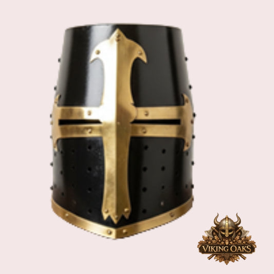 Black Crusader Helmet with Chainmail Coif & Stand Medieval Knight Armour Set