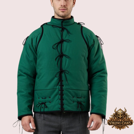 Medieval padded gambeson armor jacket for Renaissance combat and reenactment with size guide
