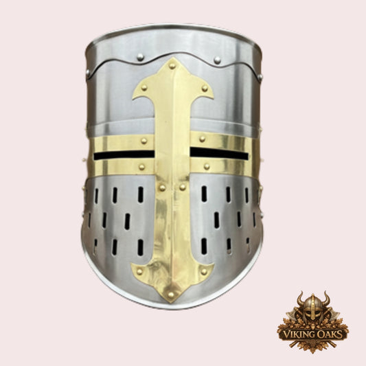 Medieval Crusader Helmet with Chainmail Coif & Stand Knight Armour Costume Set