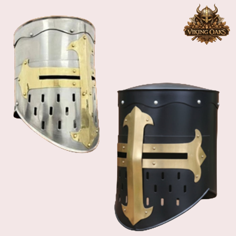 Medieval Knight Helmet Silver & Black Crusader Armour Helmet