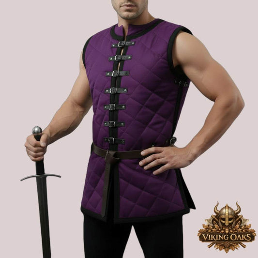 Medieval sleeveless gambeson padded armor vest with quilted polyester fabric and adjustable side lacing for historical reenactments and cosplay