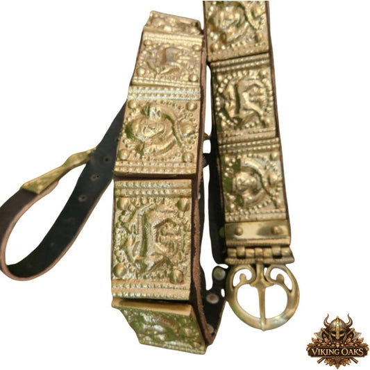 Detailed view of leather straps on Roman legionary belt historical reenactment armor