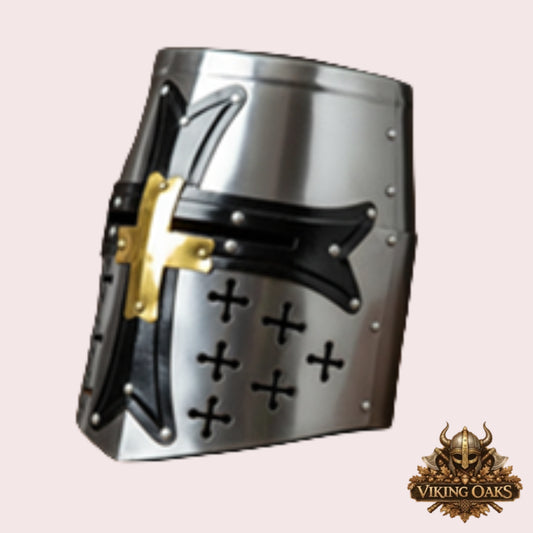 Templar Knight Helmet with Chainmail Coif & Stand Medieval Armour Set