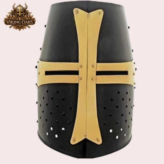 Black Crusader Helmet with Chainmail Coif & Stand Medieval Knight Armour Set