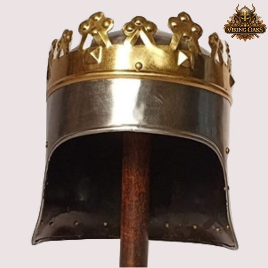 Medieval King Arthur Helmet – Richard Lionheart Crown Replica with Wooden Display Stand