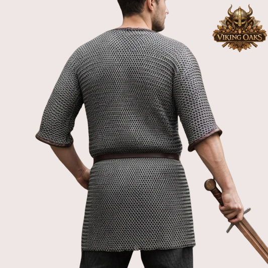 9MM Chainmail Hauberk Mild Steel Medieval Viking Front Open Shirt Half Sleeve Halloween Costume