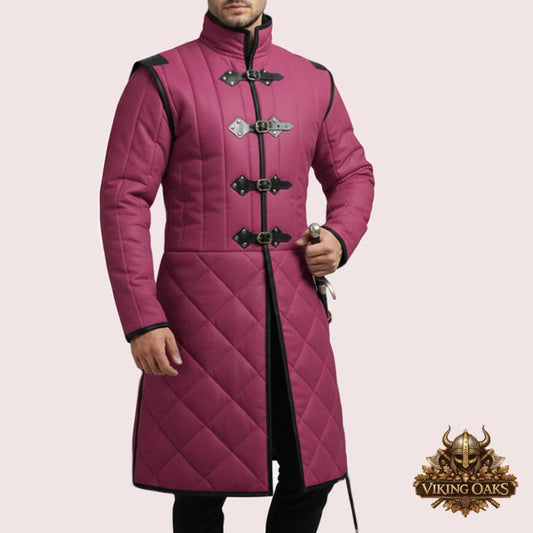 Medieval Gambeson Armor coat costume made of cotton with leather trim displayed on mannequin