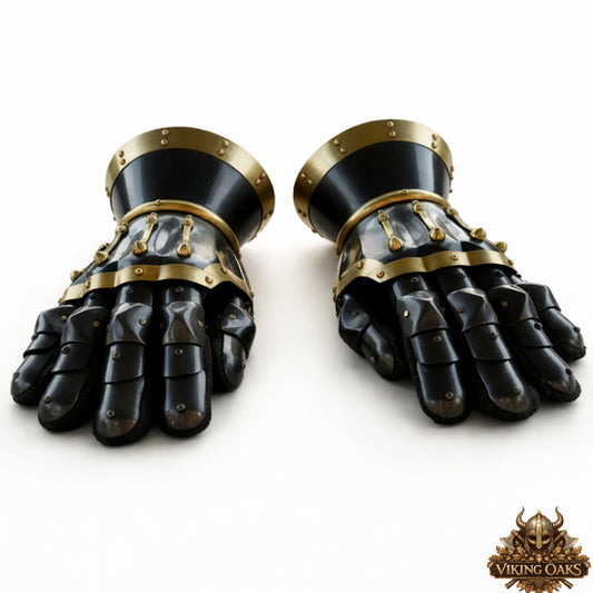 Pair of polished steel gauntlets medieval hourglass design