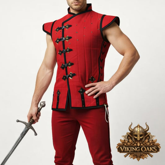 Sleeveless Gambeson Vest in red, medieval padded historical armor torso for LARP events.