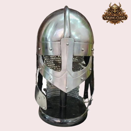 Raven Viking Helmet Norman Knight Chain Mail Helmet with Wooden Stand