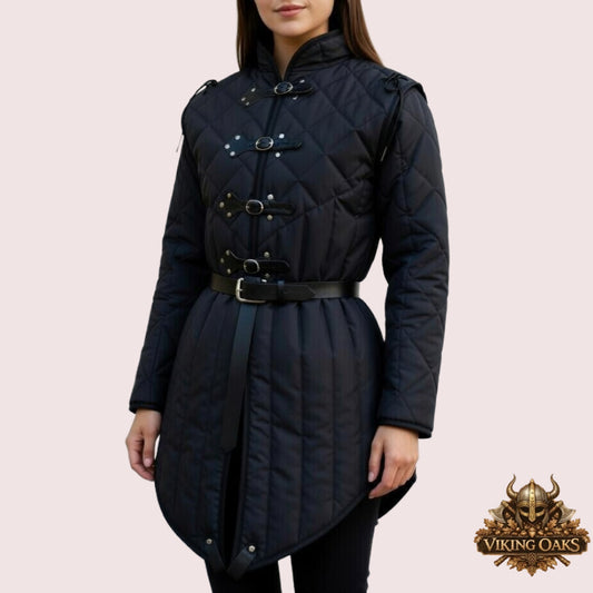 Women wearing Ladies Quilted Gambeson Armor, padded medieval jacket for reenactment
