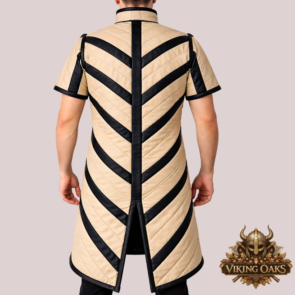 Cream Medieval Gambeson Tunic with Black Leather Trim for SCA LARP Medieval Clothing