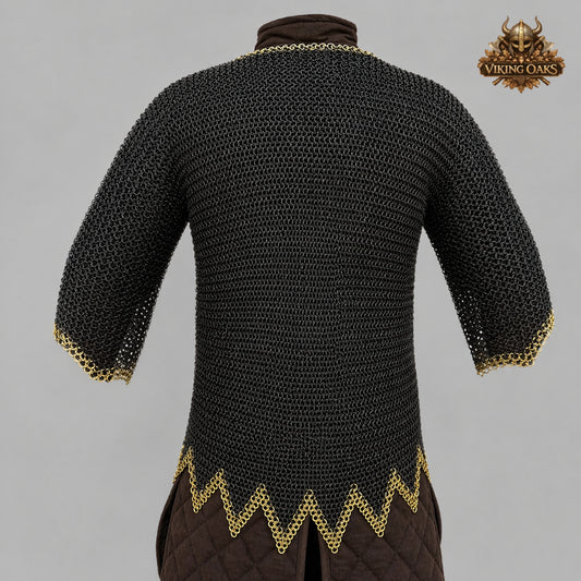 9MM Flat Ring Chainmail Shirt Blackened Steel Brass Trim Viking Armor Costume