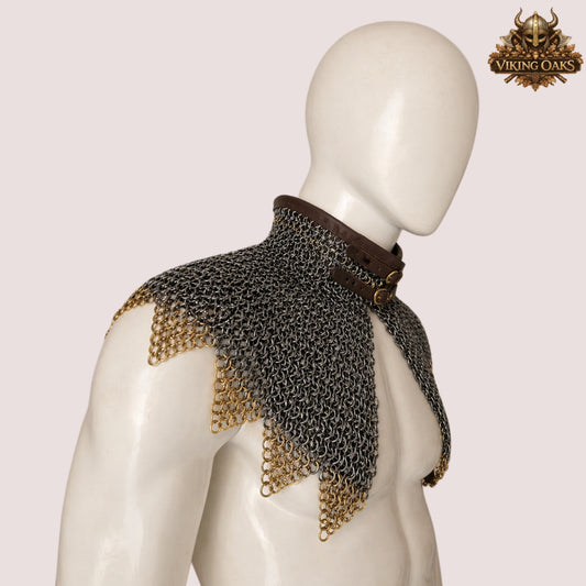 9mm Chainmail Gorget Flat Riveted Rings with Brass Zigzag Edge Medieval Collar Halloween Costume Armor