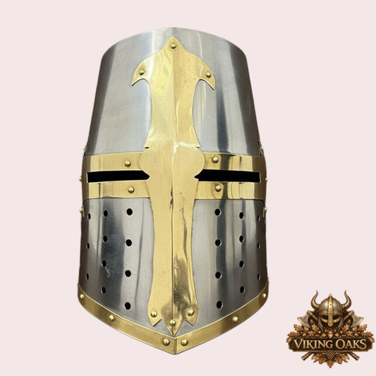 Medieval Crusader Helmet with Chainmail Coif & Stand Knight Armour Costume Set