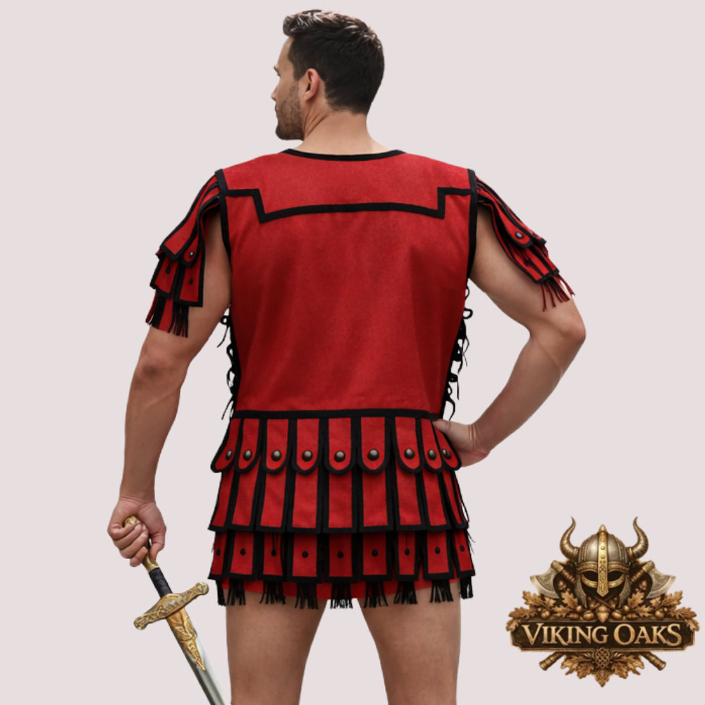 Red Roman Subarmalis Costume Rear View Roman Gladiator Padded Tunic for Roman Soldier Cosplay and Reenactment