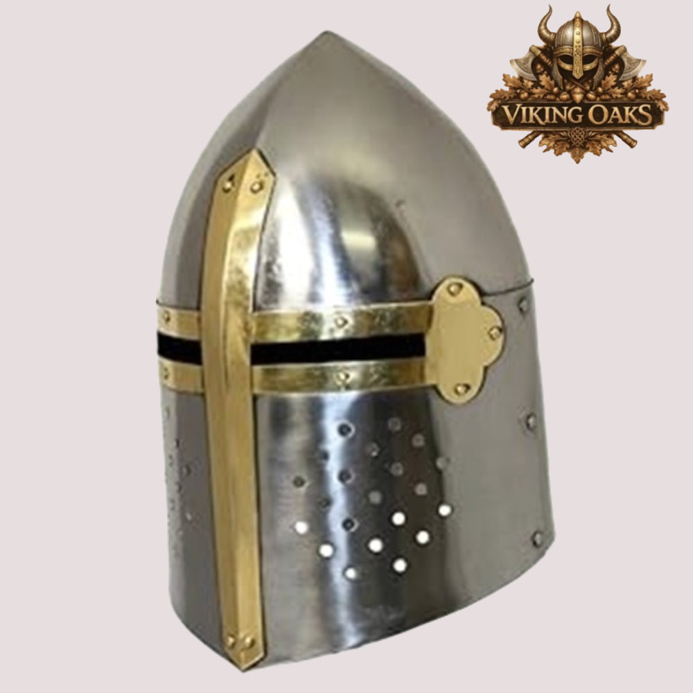 Sugarloaf Crusader Helmet with Wooden Stand – Silver Medieval Knight Armor Display