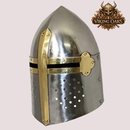 Sugarloaf Crusader Helmet with Wooden Stand – Silver Medieval Knight Armor Display