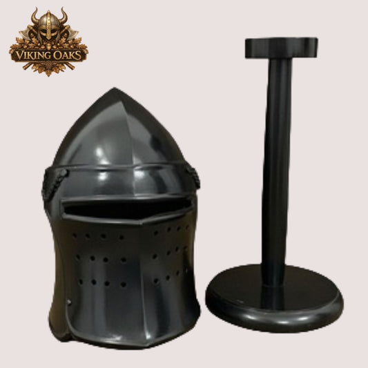 Black Barbute Helmet – Medieval Barbuta Armor with Display Stand for Reenactment, Cosplay & Costumes
