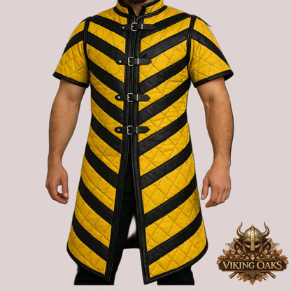 Yellow Medieval Gambeson Armor Jacket with Black Leather Trim for LARP SCA Cosplay