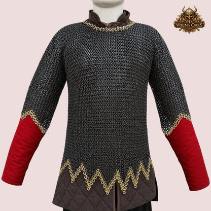 9MM Flat Ring Chainmail Shirt Blackened Steel Brass Trim Viking Armor Costume