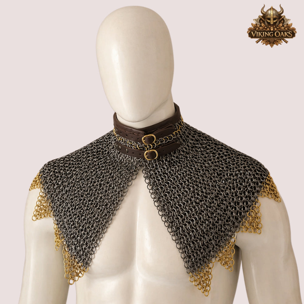 9mm Chainmail Gorget Flat Riveted Rings with Brass Zigzag Edge Medieval Collar Halloween Costume Armor