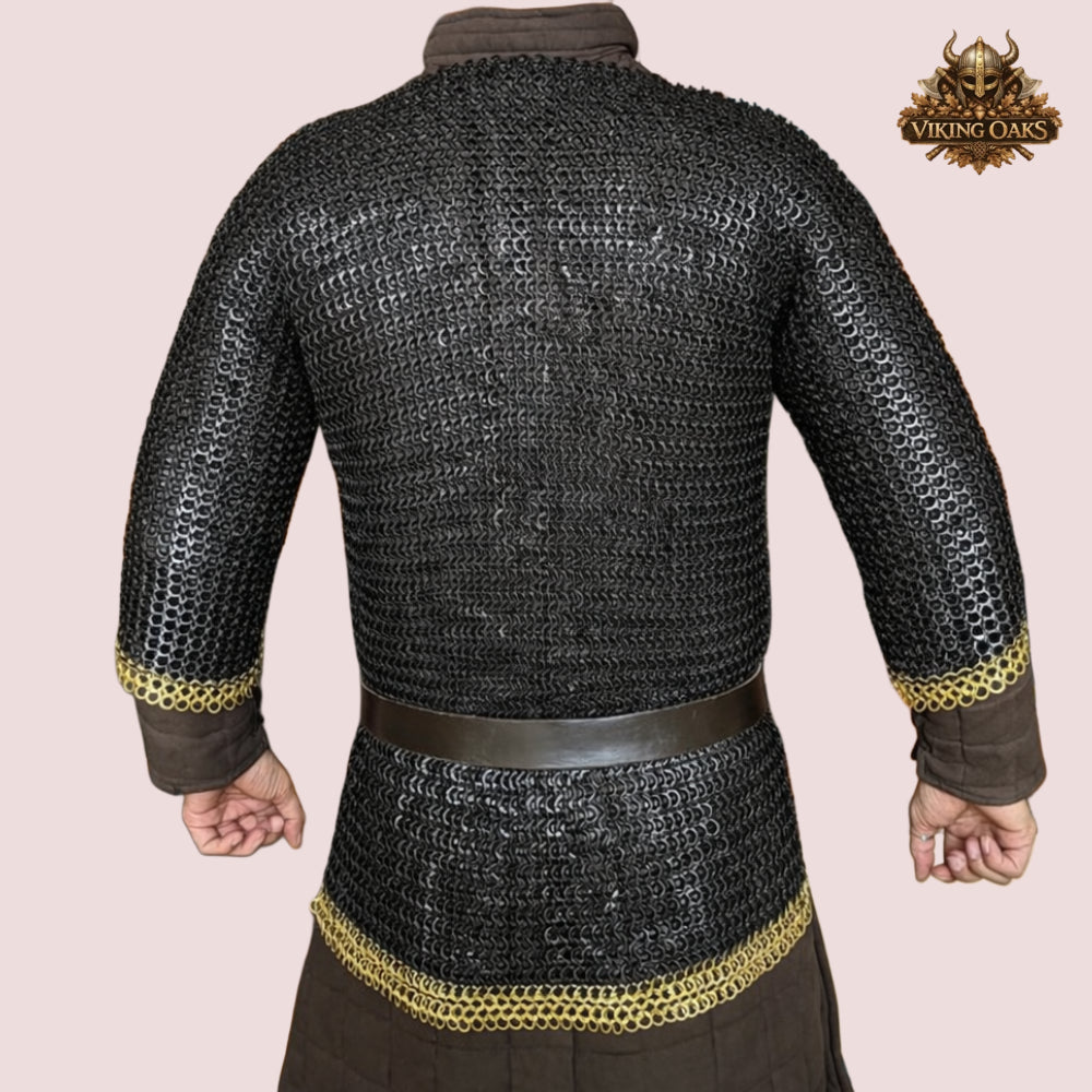 9MM Chainmail Haubergeon Riveted Viking Shirt Brass Trim Armor