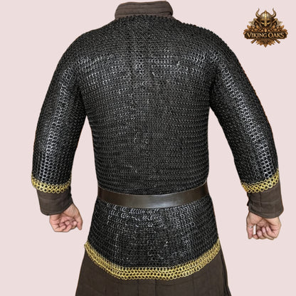 9MM Chainmail Haubergeon Riveted Viking Shirt Brass Trim Armor