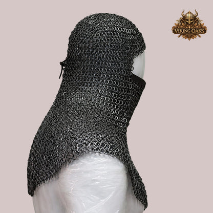 9mm Flat Ring Riveted Chainmail Coif – Medieval Armor Hood for LARP, Cosplay & Event Wear