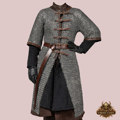 8mm Mild Steel Chainmail Hauberk – Flat Riveted Half Sleeve Front Open Armor Shirt