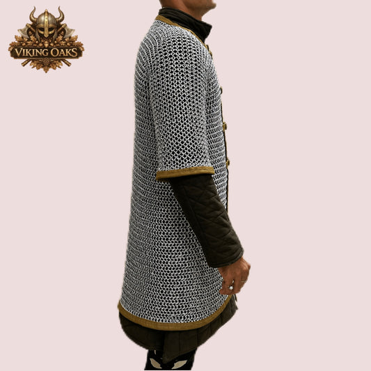 Chainmail Haubergeon, 9mm Flat Ring Riveted with Washer, Brown Leather Trim Trimmed Hauberk for LARP/SCA